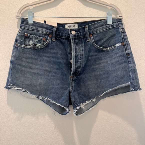 Agolde NWT Blue Lowkey Parker Button Fly Raw Cut Vintage Cut Off Shorts Size 28 - Picture 2 of 8
